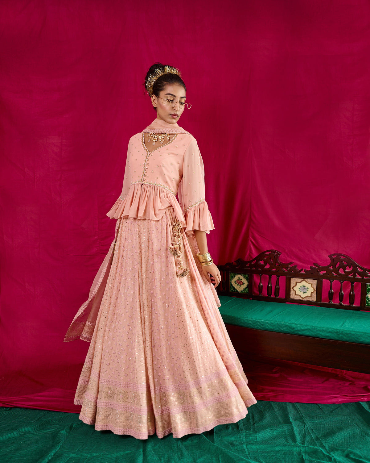 Pale peach pink chikankari mukaish lehenga and dupatta with embroidered peplum blouse - Sohni