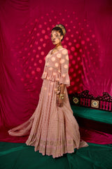 Pale peach pink chikankari mukaish lehenga and dupatta with embroidered peplum blouse - Sohni