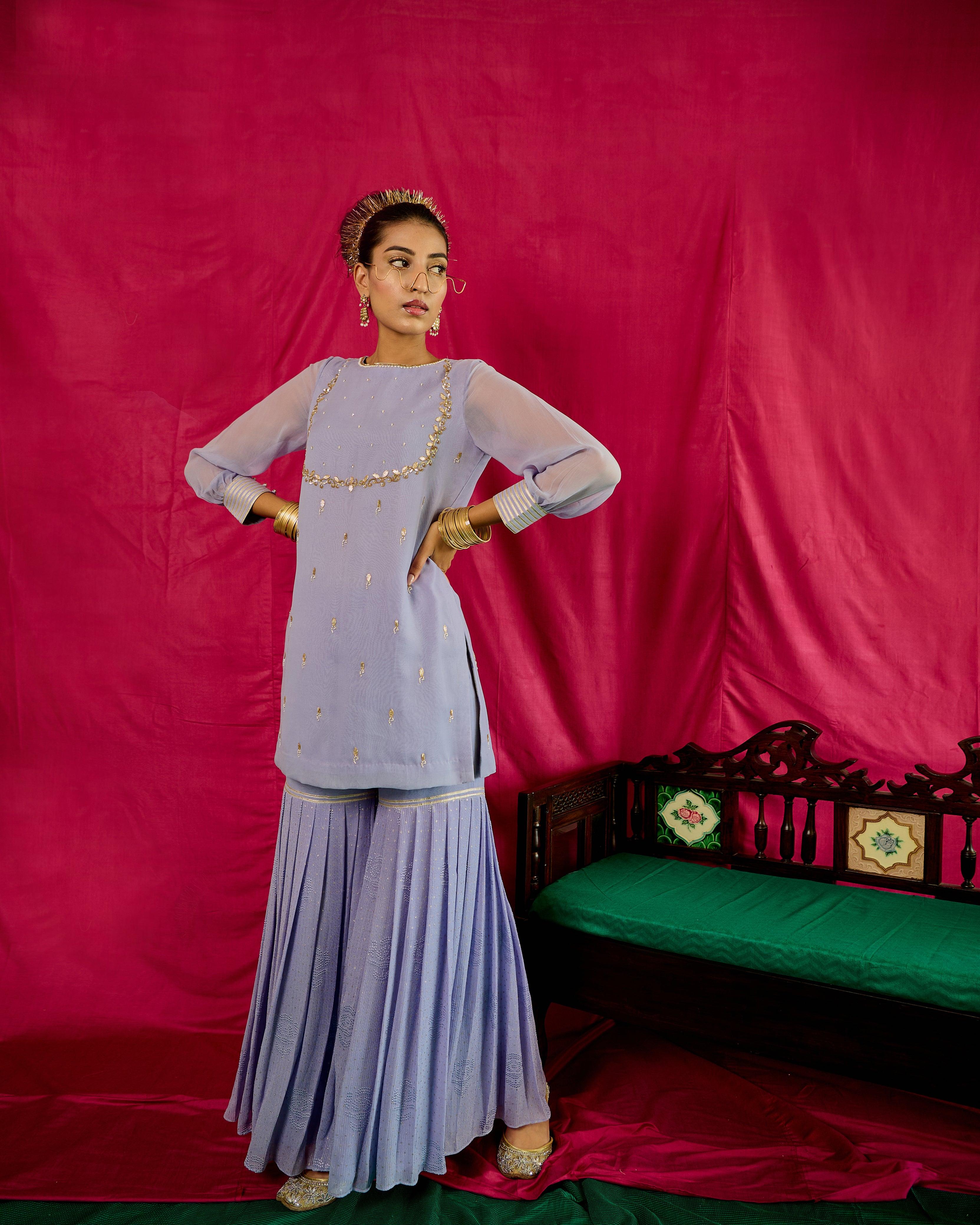 Lavender gota and sequins worked short kurta with pleated thread embroidered garara and dupatta - Sohni