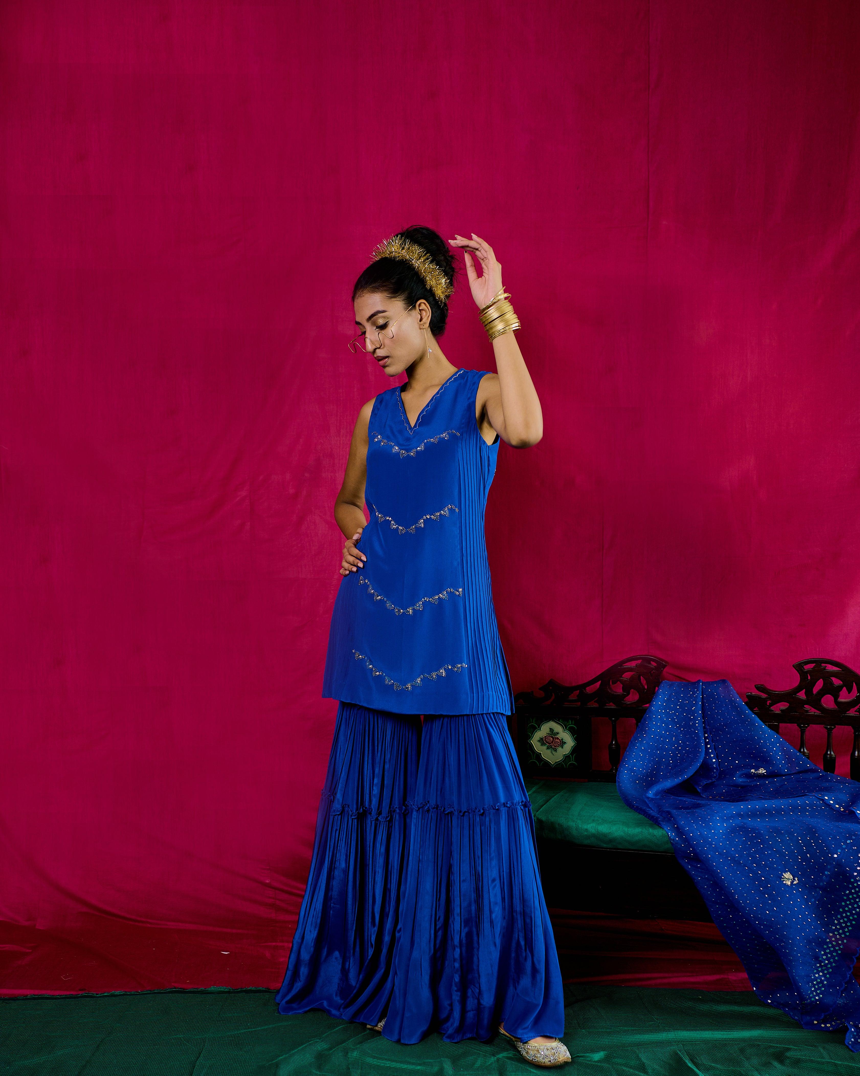 Electric blue short kurta with tiered garara and mukaish organza dupatta - Sohni