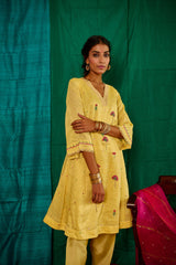Yellow tissue chanderi short kurta and salwar with floral embroidery and lehriya organza dupatta - Sohni