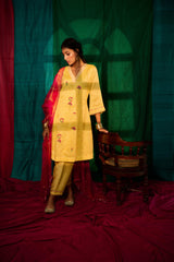 Yellow tissue chanderi short kurta and salwar with floral embroidery and lehriya organza dupatta - Sohni