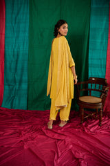 Yellow pleated gota patti embroidered kurta and salwar with thread work dupatta - Sohni