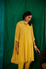 Yellow pleated gota patti embroidered kurta and salwar with thread work dupatta - Sohni