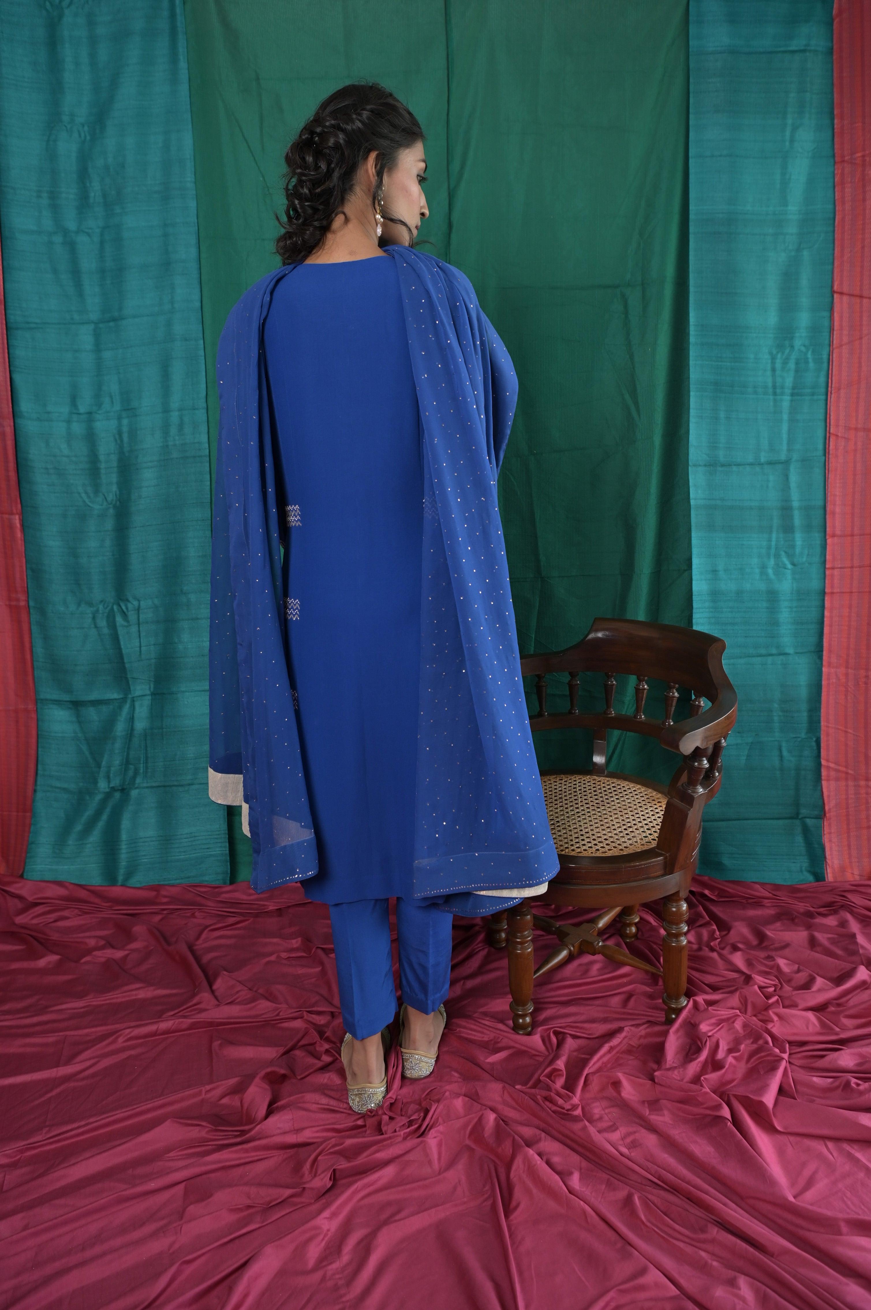 Electric blue mukaish panel kurta with pants and mukaish dupatta - Sohni
