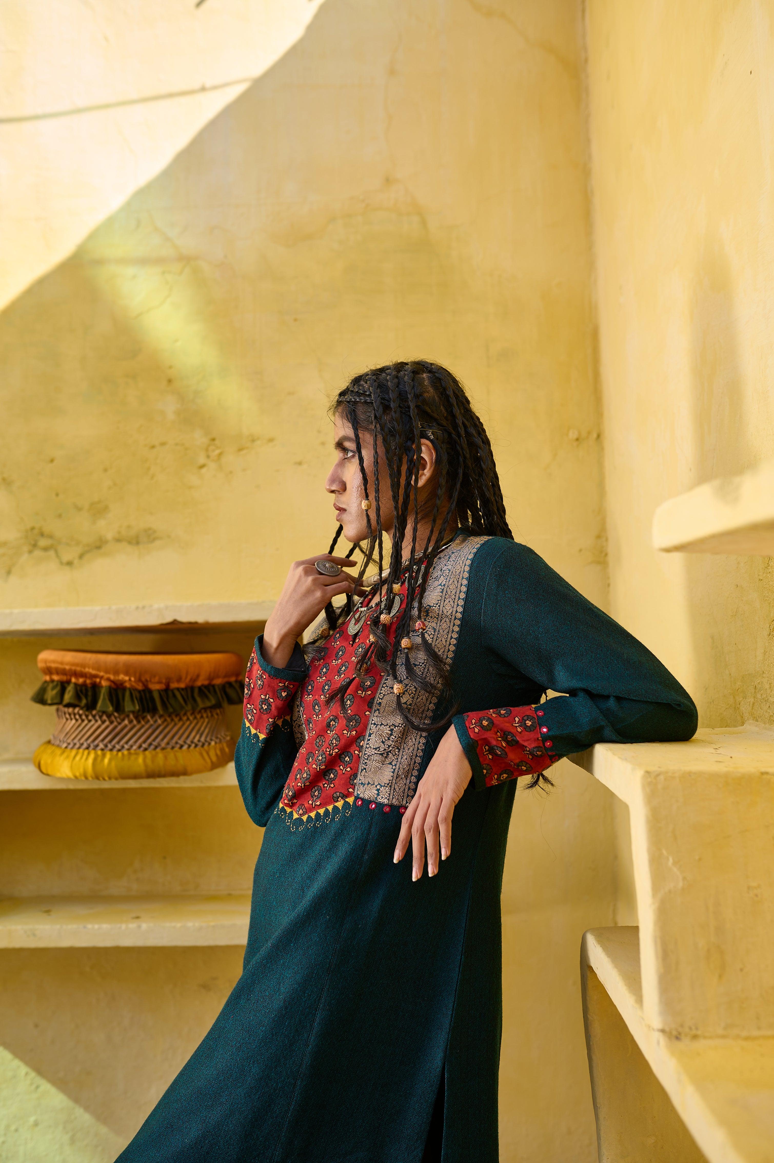 Teal silk tweed phiran with banarsi border and ajrakh detail - Sohni
