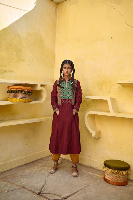 Deep red silk tweed phiran with ajrakh detail - Sohni