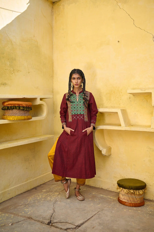 Deep red silk tweed phiran with ajrakh detail - Sohni