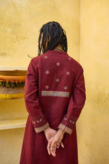 Deep red silk tweed phiran with ajrakh detail - Sohni
