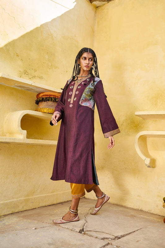 Plum purple silk tweed phiran with batik print and silk kantha detail - Sohni