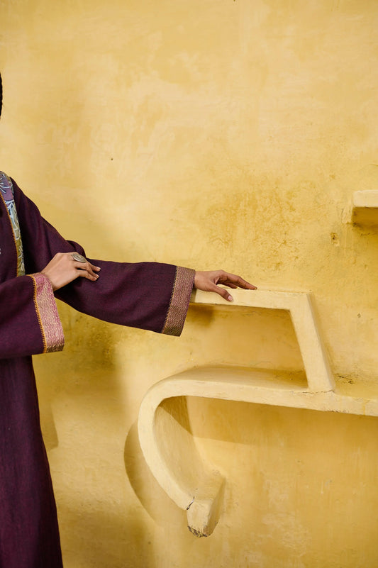 Plum purple silk tweed phiran with batik print and silk kantha detail - Sohni