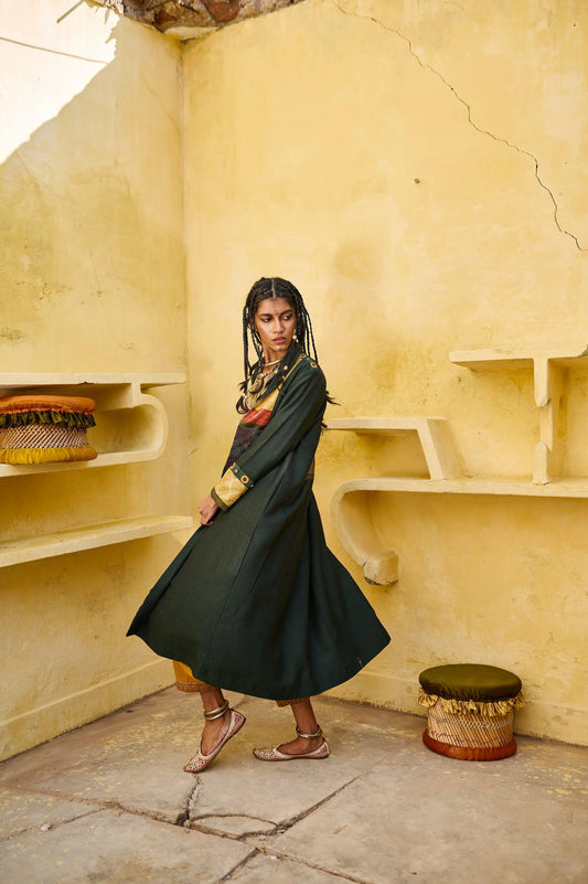 Forest green silk tweed jacket with tanchoi and kantha detail - Sohni