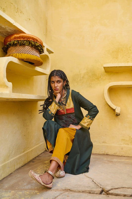 Forest green silk tweed jacket with tanchoi and kantha detail - Sohni