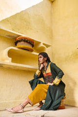 Forest green silk tweed jacket with tanchoi and kantha detail - Sohni