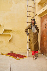 Mustard yellow silk tweed jacket with banarsi border and ajrakh detail - Sohni