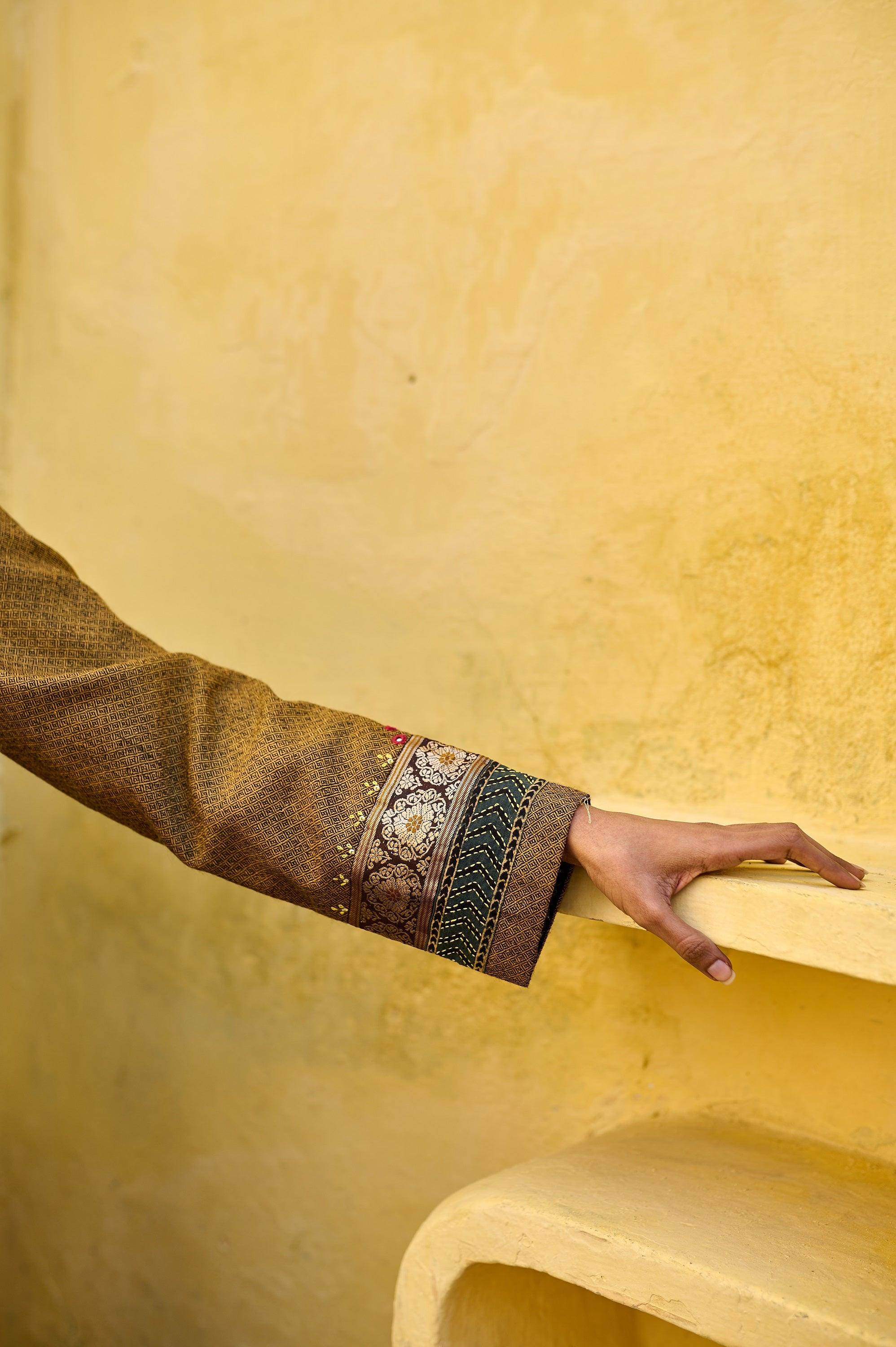 Mustard yellow silk tweed jacket with banarsi border and ajrakh detail - Sohni