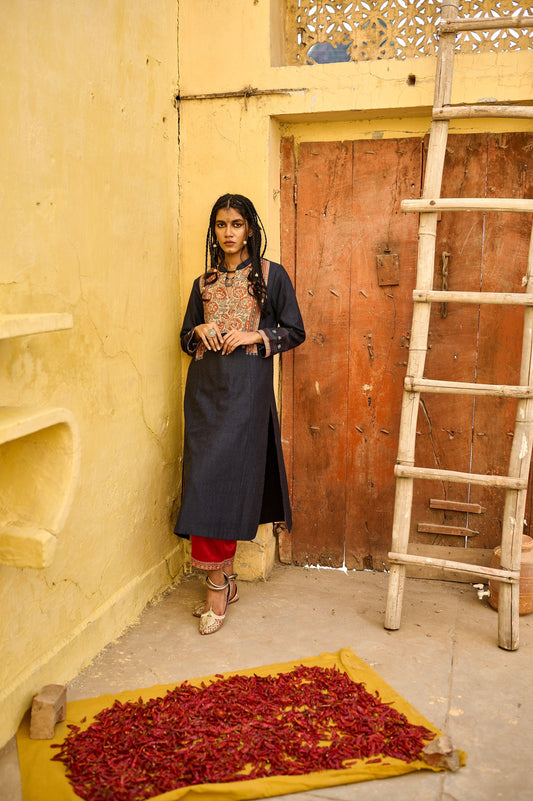 Deep blue silk tweed phiran with ajrakh detail - Sohni