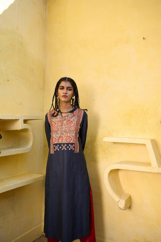 Deep blue silk tweed phiran with ajrakh detail - Sohni