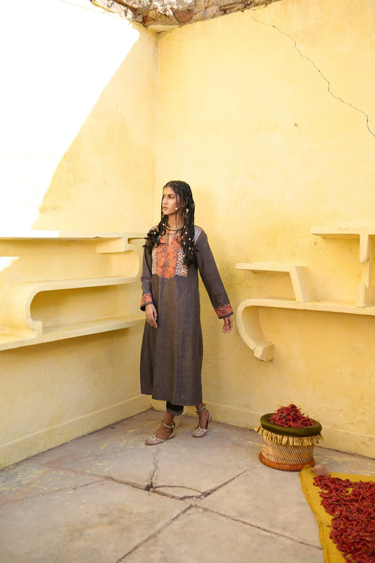 Beige grey silk tweed phiran with banarsi border and chintz hand print - Sohni