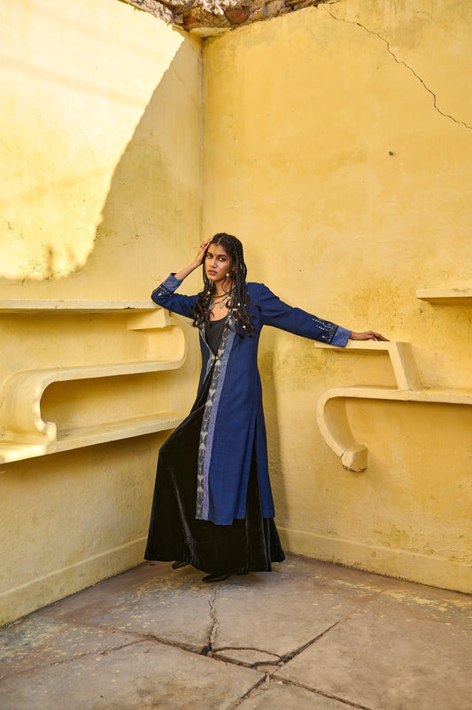 Electric blue silk tweed jacket with ikat and kantha detail - Sohni