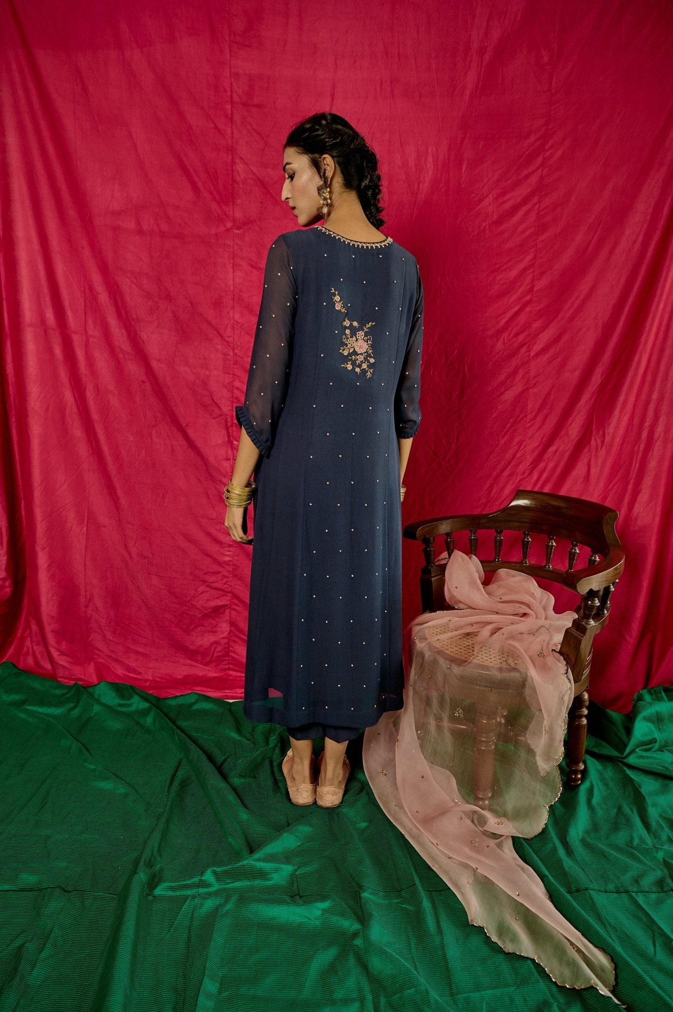 Airforce blue embroidered kurta pants with pale pink organza dupatta - Sohni