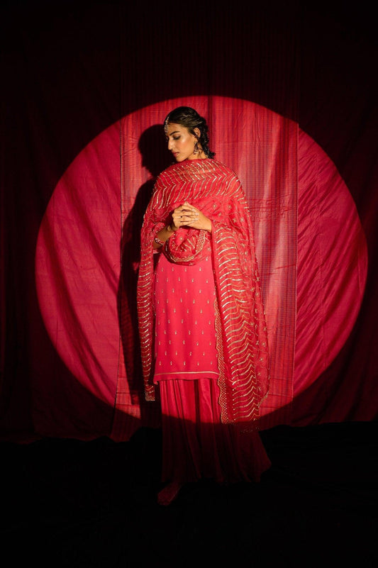 Amaranth pink garara set with organza mughal jaal dupatta - Sohni