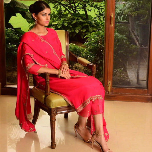 Amaranth pink suit set with traditional zardozi flowers and gota patti embroidery - Sohni