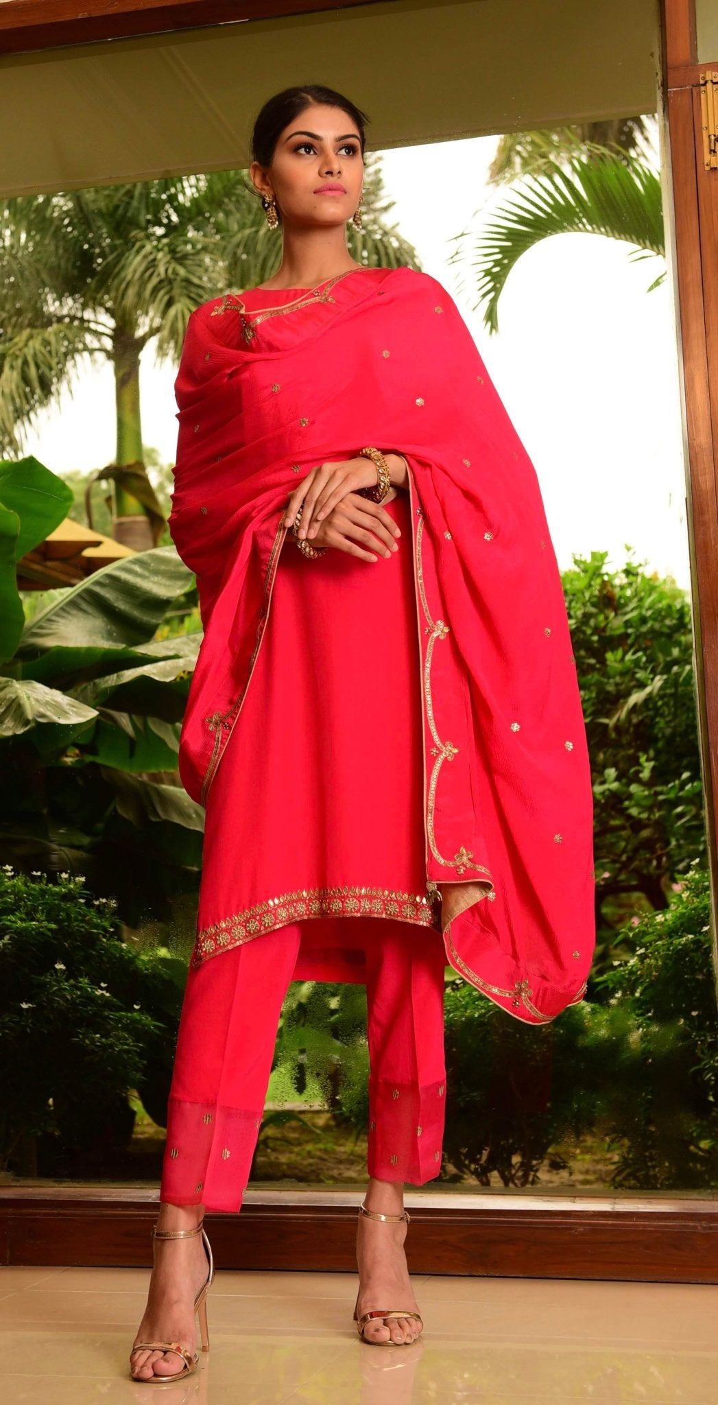 Amaranth pink suit set with traditional zardozi flowers and gota patti embroidery - Sohni