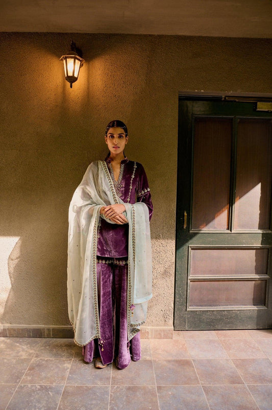 Amethyst velvet phulkari motif garara set with ice blue organza dupatta - Sohni