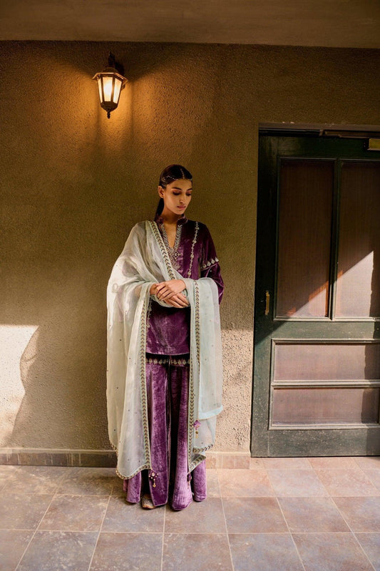 Amethyst velvet phulkari motif garara set with ice blue organza dupatta - Sohni