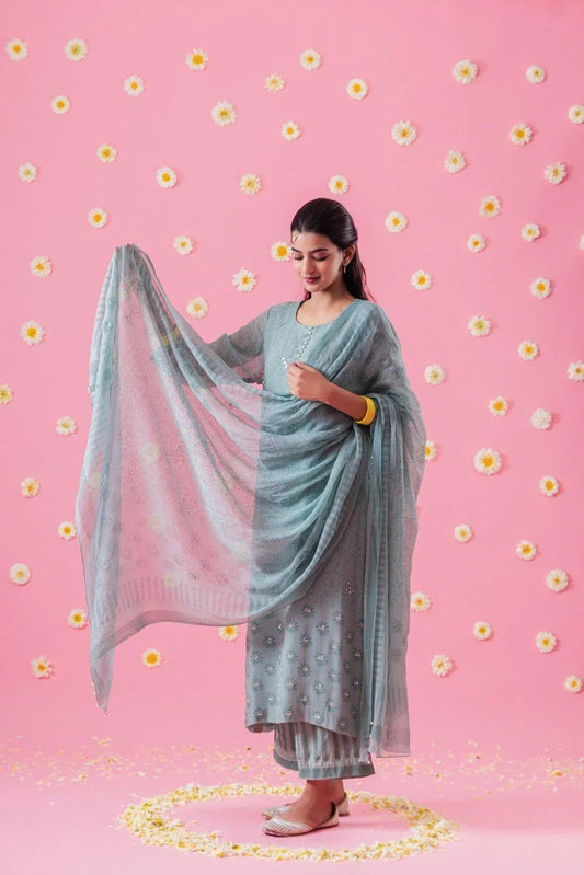 Aqua Block Print Georgette Suit Set With Mukaish - Sohni