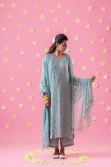 Aqua Block Print Georgette Suit Set With Mukaish - Sohni