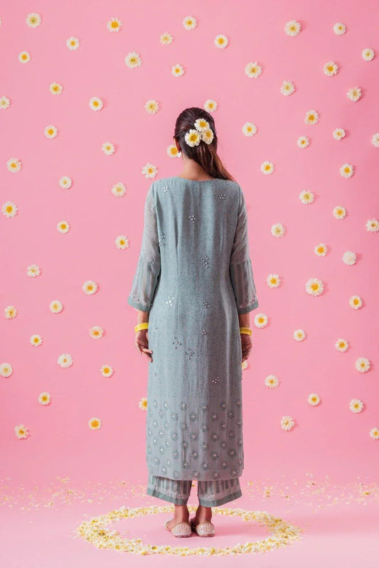 Aqua Block Print Georgette Suit Set With Mukaish - Sohni