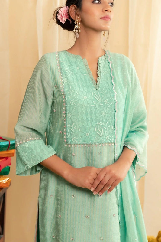Aqua chikankari yoke tissue chanderi kurta set - Sohni