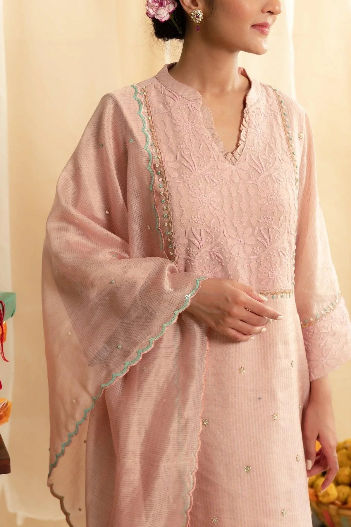 Aqua chikankari yoke tissue chanderi kurta set - Sohni
