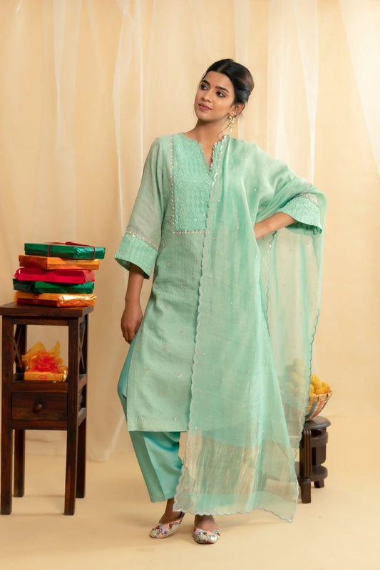 Aqua chikankari yoke tissue chanderi kurta set - Sohni