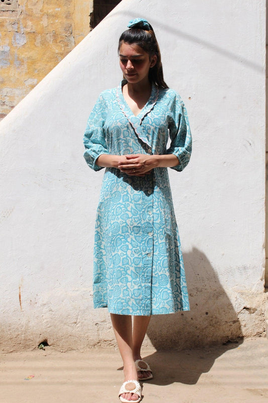 Aqua ivory akola print slub cotton wrap neck dress - Sohni