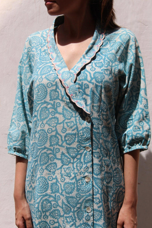 Aqua ivory akola print slub cotton wrap neck dress - Sohni
