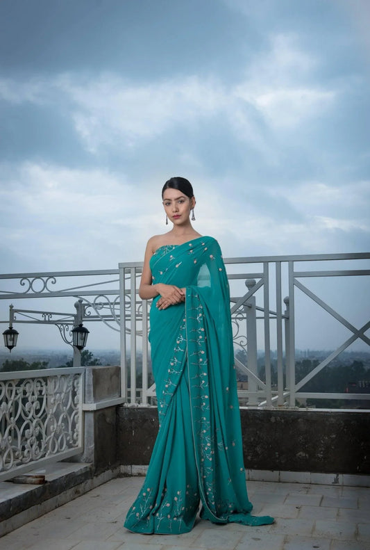 Aquamarine blue floral bel embroidery saree with blouse - Sohni