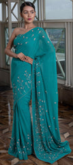 Aquamarine blue floral bel embroidery saree with blouse - Sohni