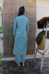 Aquamarine blue handloom kurta and pants set with kantha embroidery - Sohni