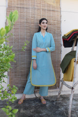 Aquamarine blue handloom kurta and pants set with kantha embroidery - Sohni