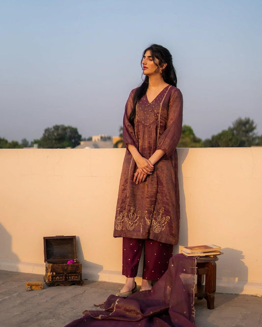 Aubergine purple tissue chanderi kurta with pitta hand work, palazzos and tissue chanderi dupatta - Sohni