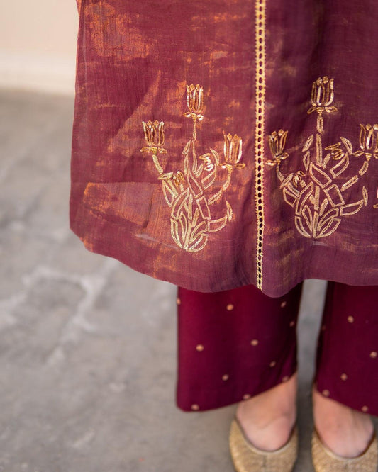 Aubergine purple tissue chanderi kurta with pitta hand work, palazzos and tissue chanderi dupatta - Sohni