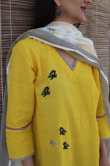 Basant yellow mangalgiri cotton kurta with kota dupatta - Sohni
