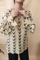 Beige brown daabu print shirt with tie up neck - Sohni