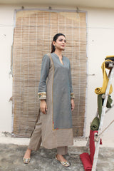 Beige grey melange handloom kurta and pants set with kalamkari and stripes detail - Sohni