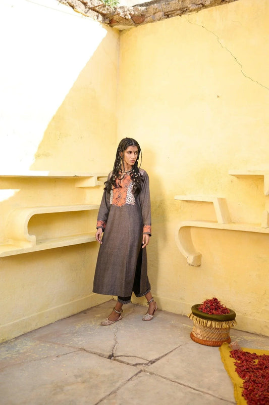 Beige grey silk tweed phiran with banarsi border and chintz hand print - Sohni