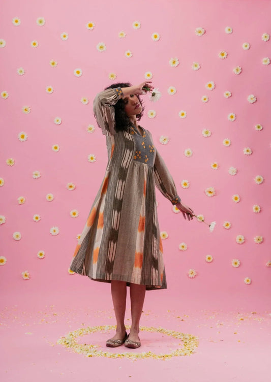 Beige orange ikat dress with embroidered yoke - Sohni