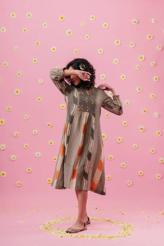 Beige orange ikat dress with embroidered yoke - Sohni
